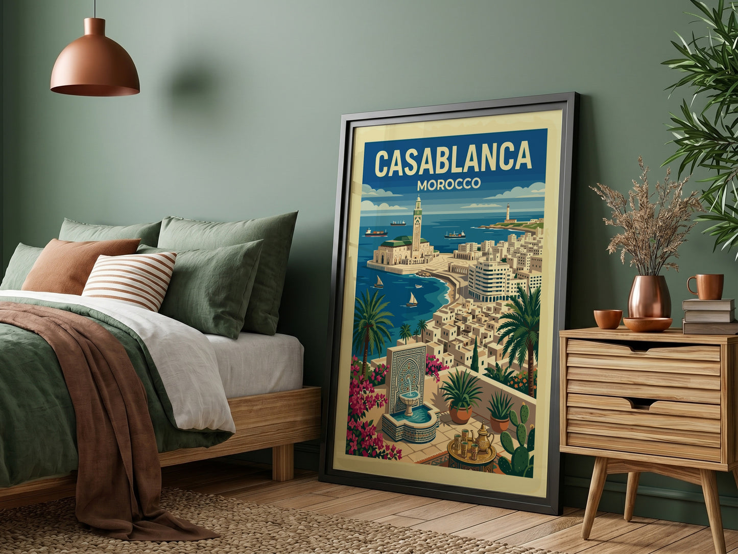 Casablanca travel poster featuring Hassan II Mosque, ocean, and palm trees in a vintage art style.