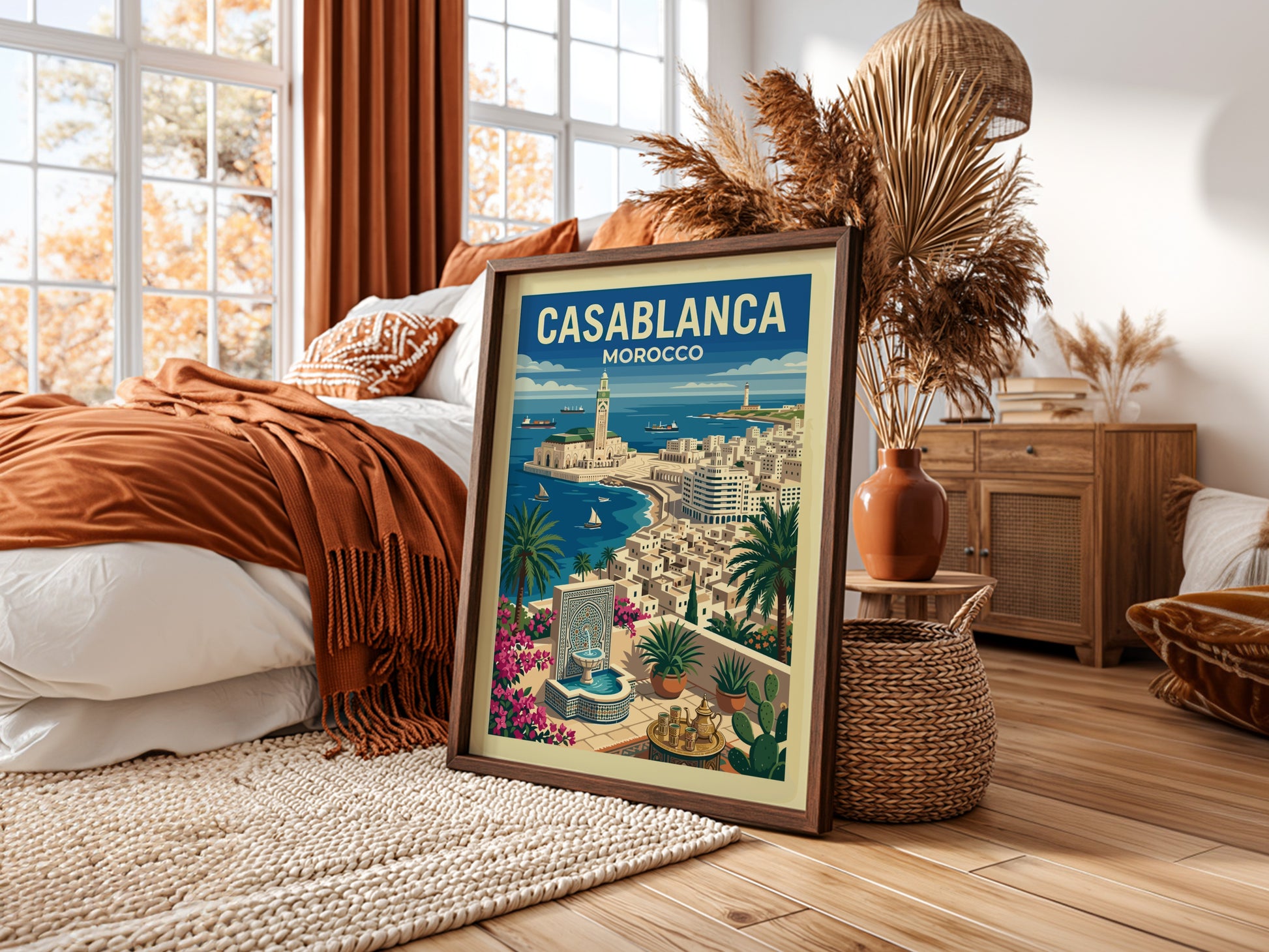 Casablanca travel poster featuring Hassan II Mosque, ocean, and palm trees in a vintage art style.