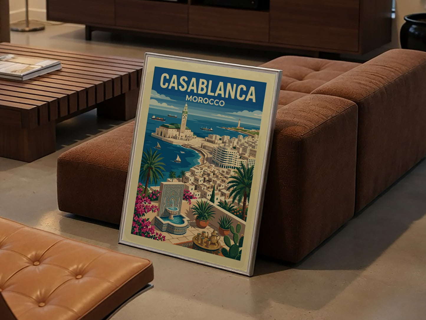Casablanca travel poster featuring Hassan II Mosque, ocean, and palm trees in a vintage art style.