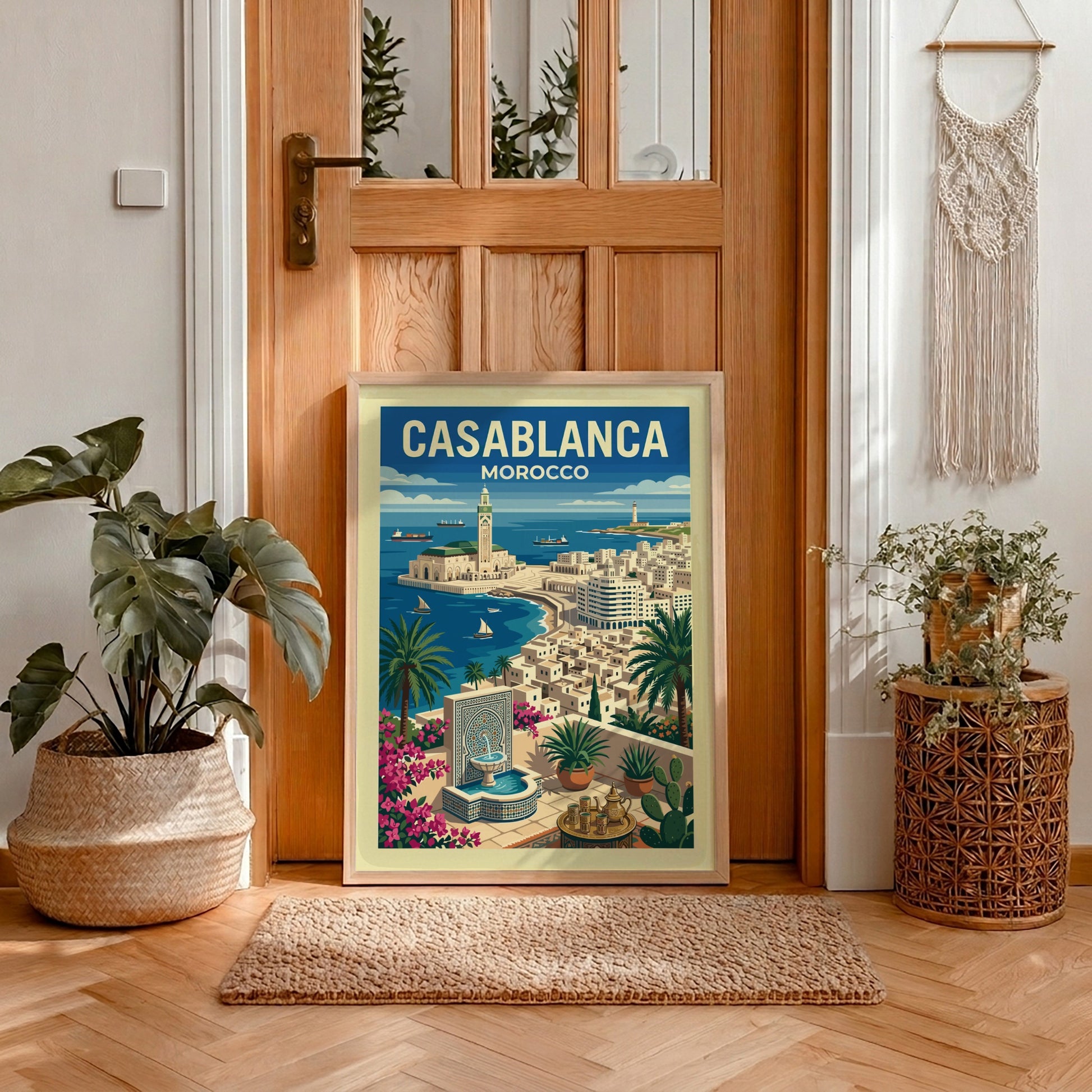 Casablanca travel poster featuring Hassan II Mosque, ocean, and palm trees in a vintage art style.