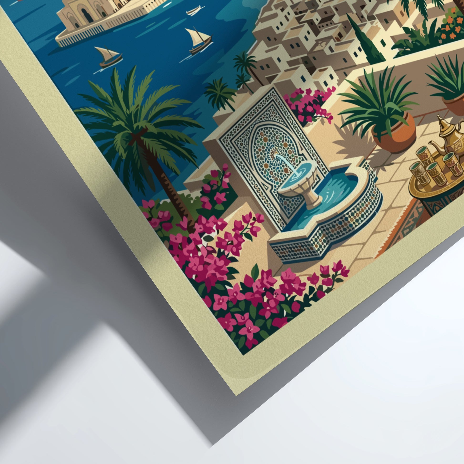 Casablanca travel poster featuring Hassan II Mosque, ocean, and palm trees in a vintage art style.