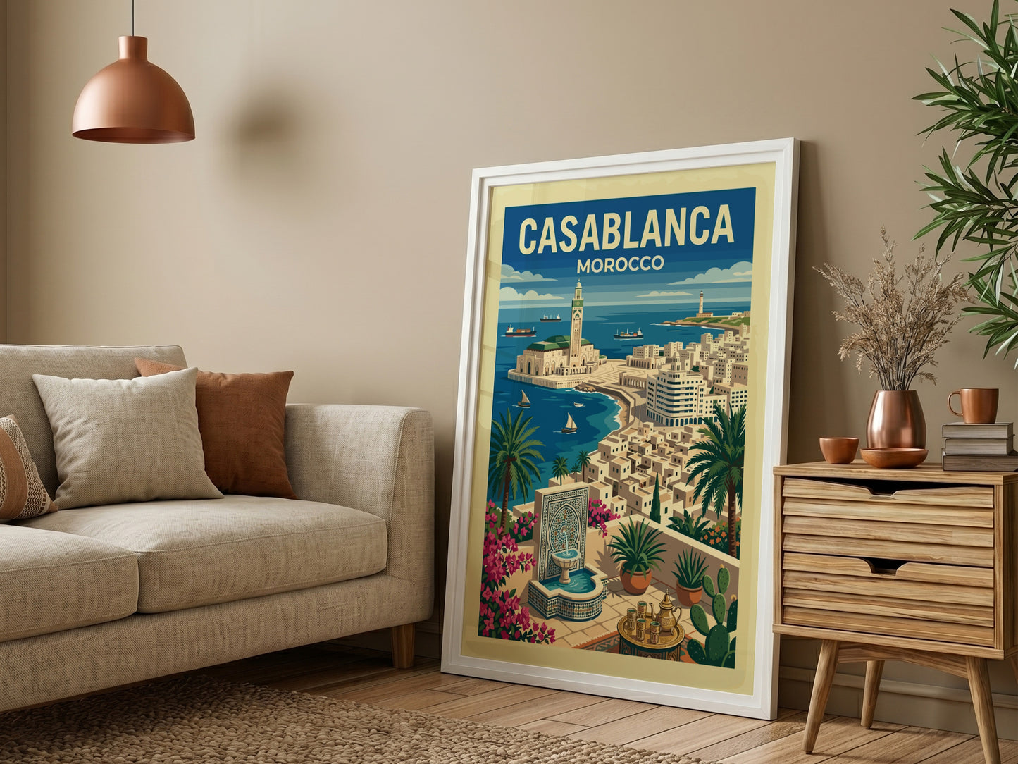Casablanca travel poster featuring Hassan II Mosque, ocean, and palm trees in a vintage art style.