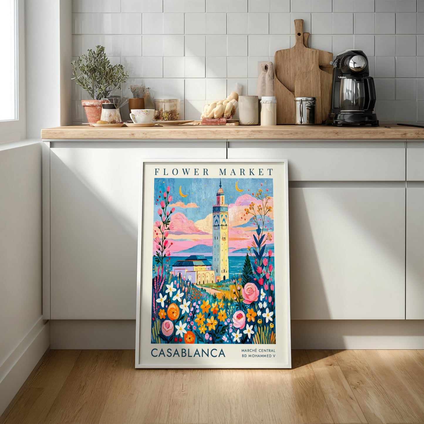 Flower market poster featuring Casablanca's architecture and colorful flowers in a whimsical style