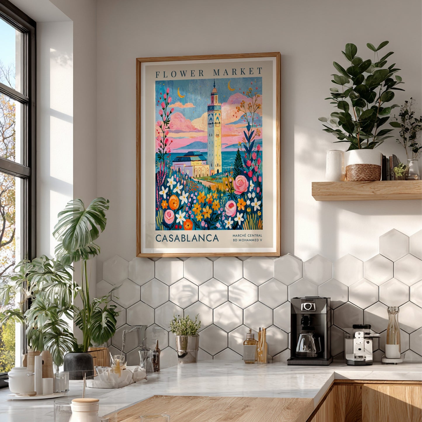Flower market poster featuring Casablanca's architecture and colorful flowers in a whimsical style