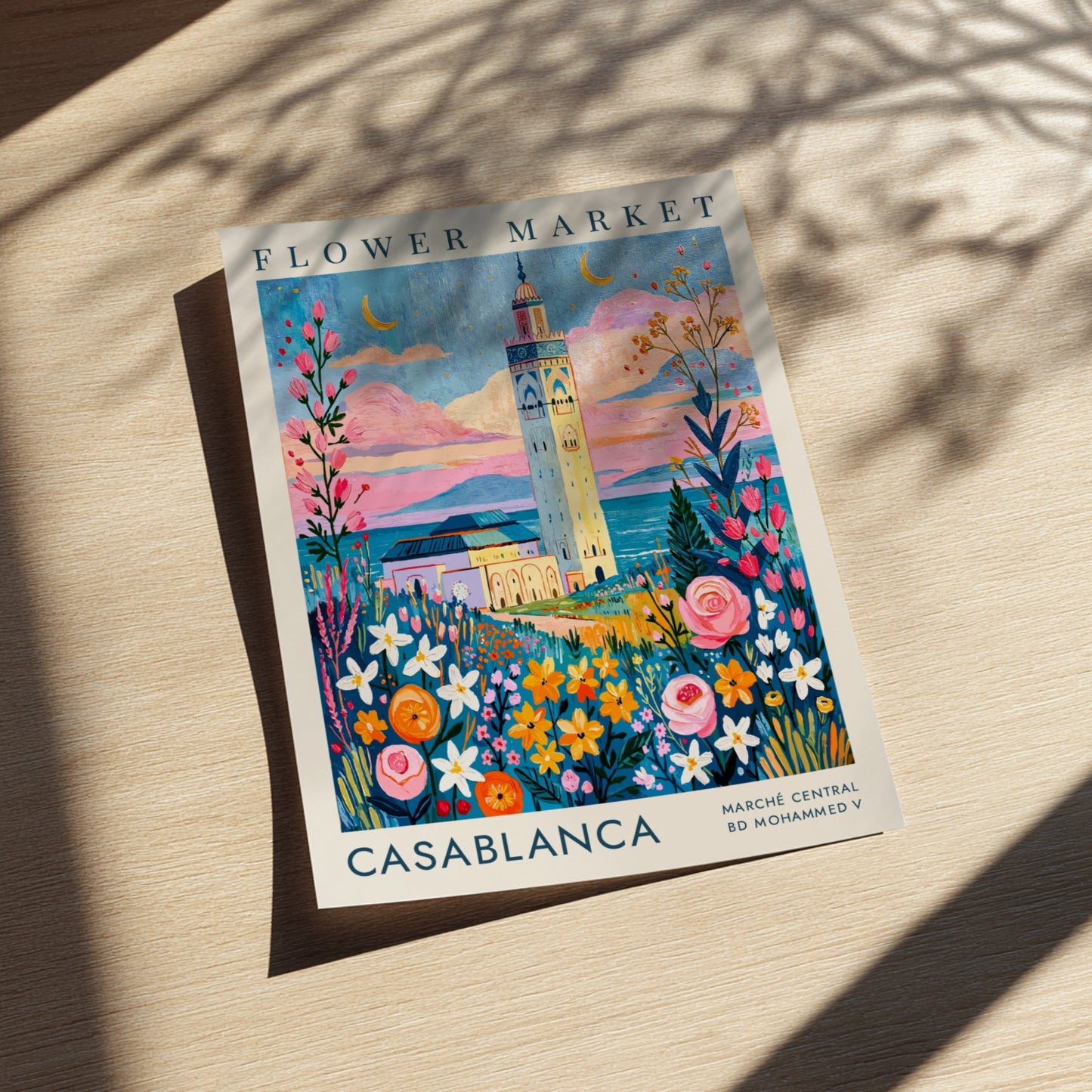 Flower market poster featuring Casablanca's architecture and colorful flowers in a whimsical style