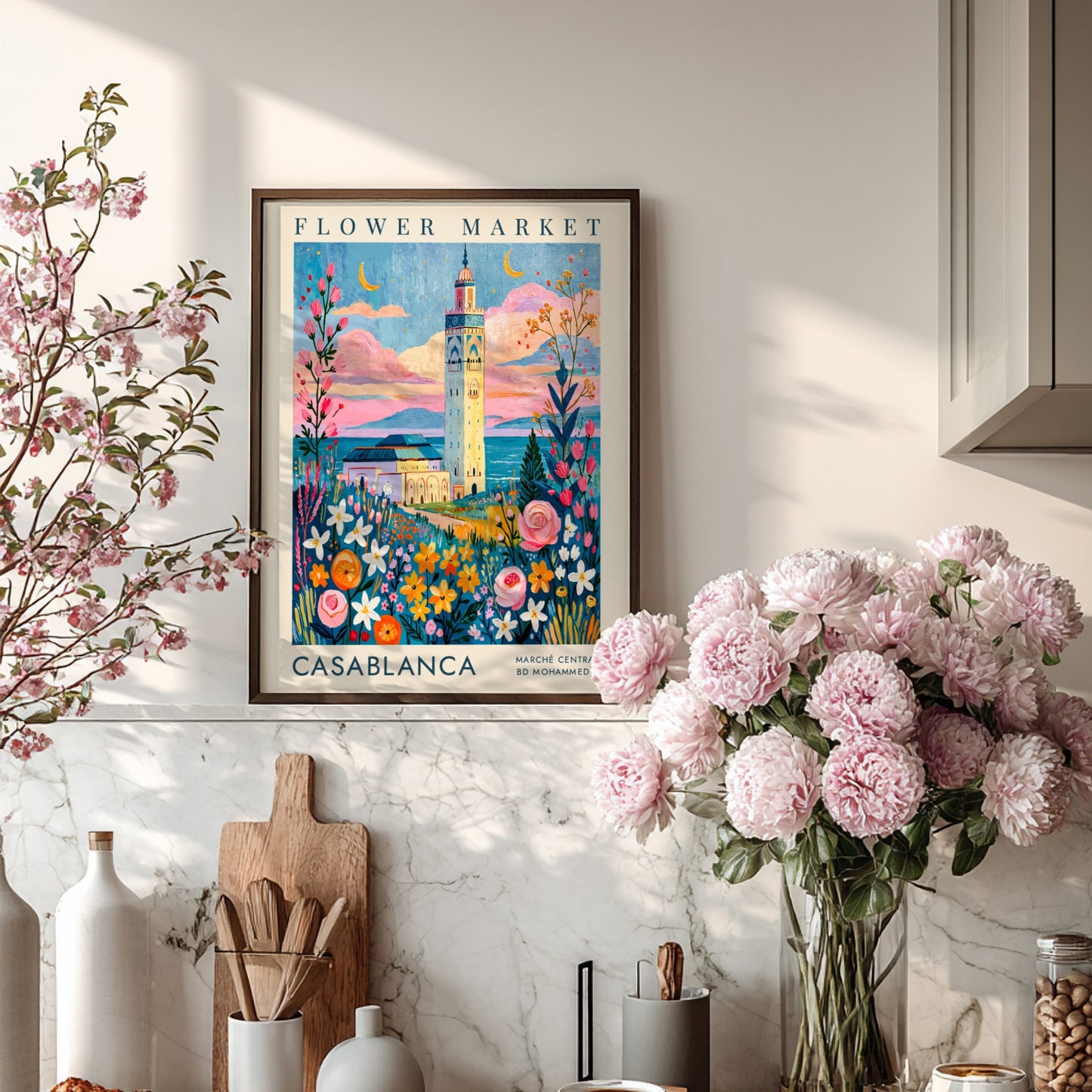 Flower market poster featuring Casablanca's architecture and colorful flowers in a whimsical style