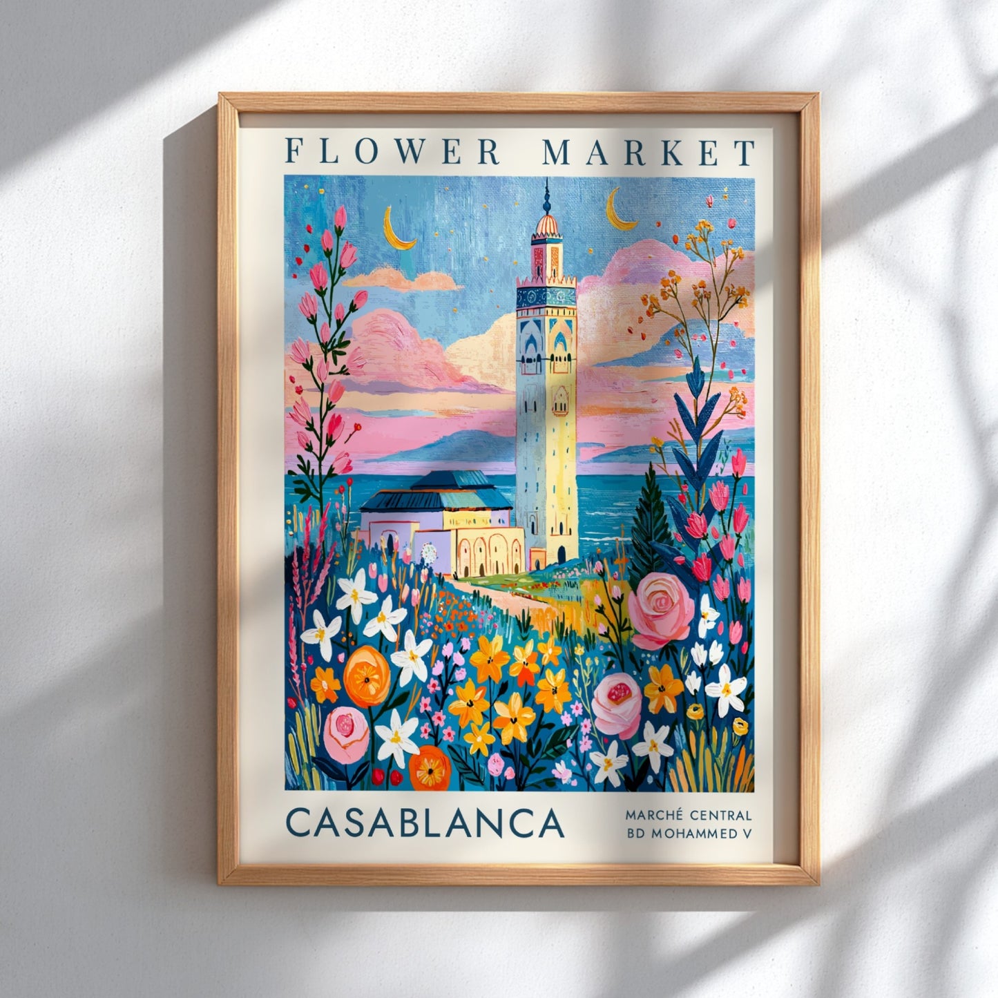 Flower market poster featuring Casablanca's architecture and colorful flowers in a whimsical style