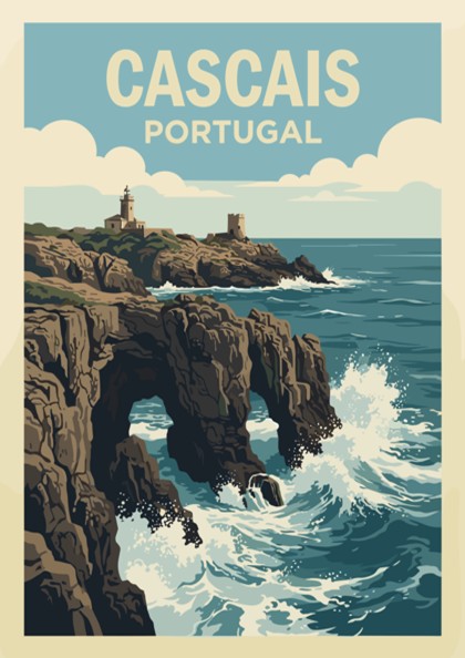 Poster of Cascais Portugal coastline featuring a lighthouse on cliffs above crashing waves.