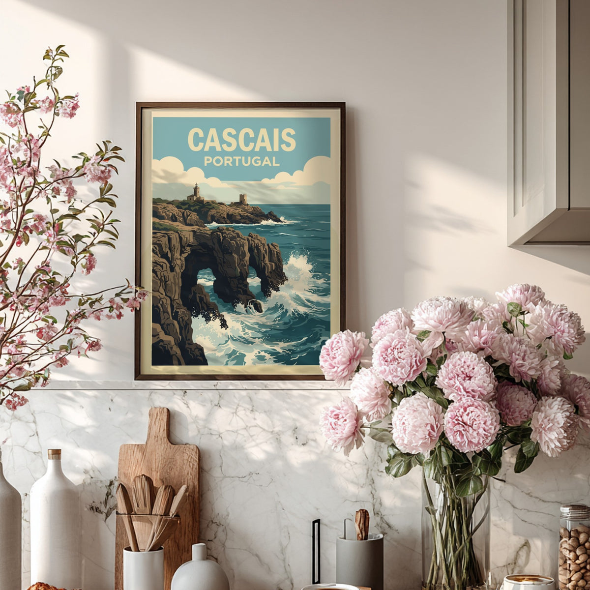 Poster of Cascais Portugal coastline featuring a lighthouse on cliffs above crashing waves.
