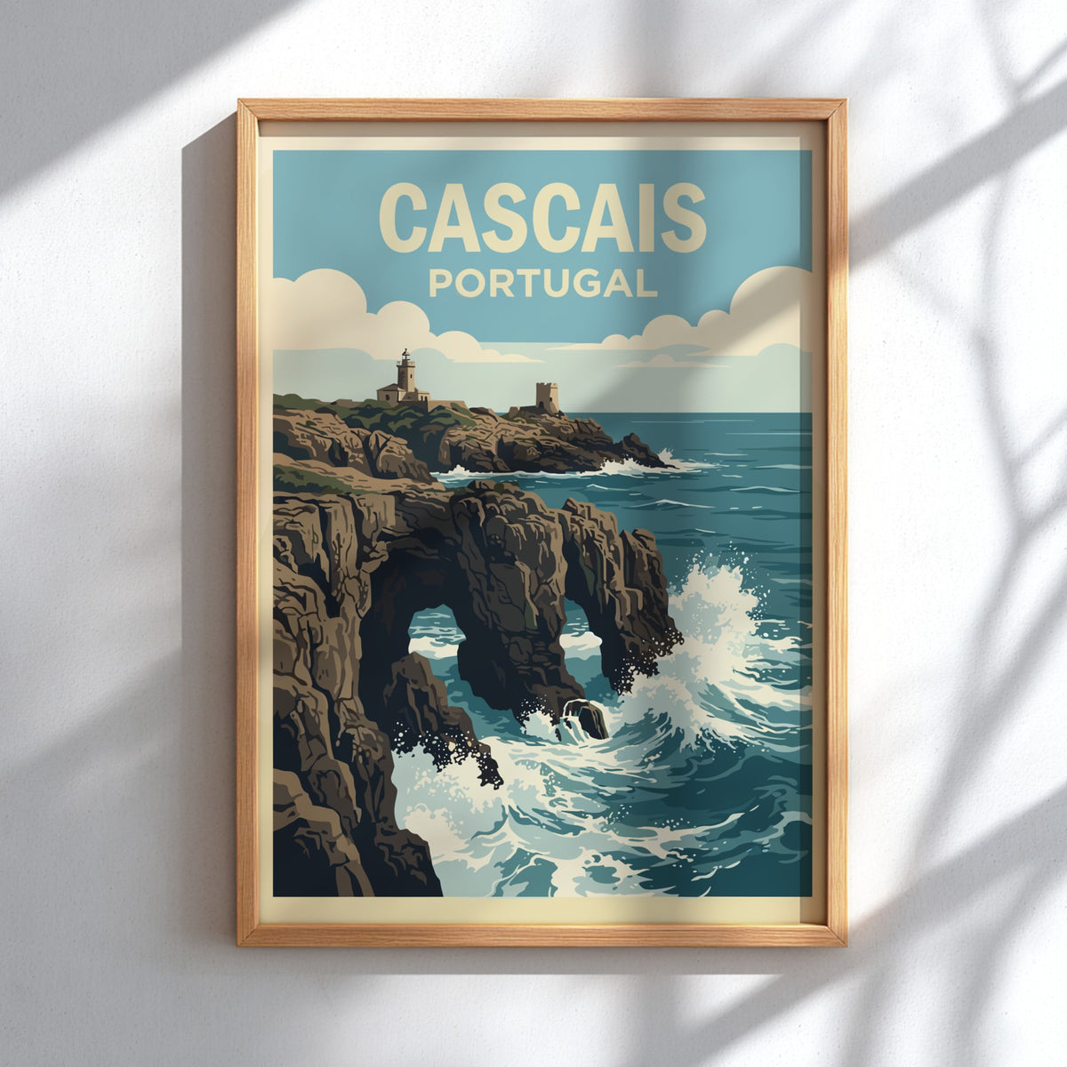 Poster of Cascais Portugal coastline featuring a lighthouse on cliffs above crashing waves.