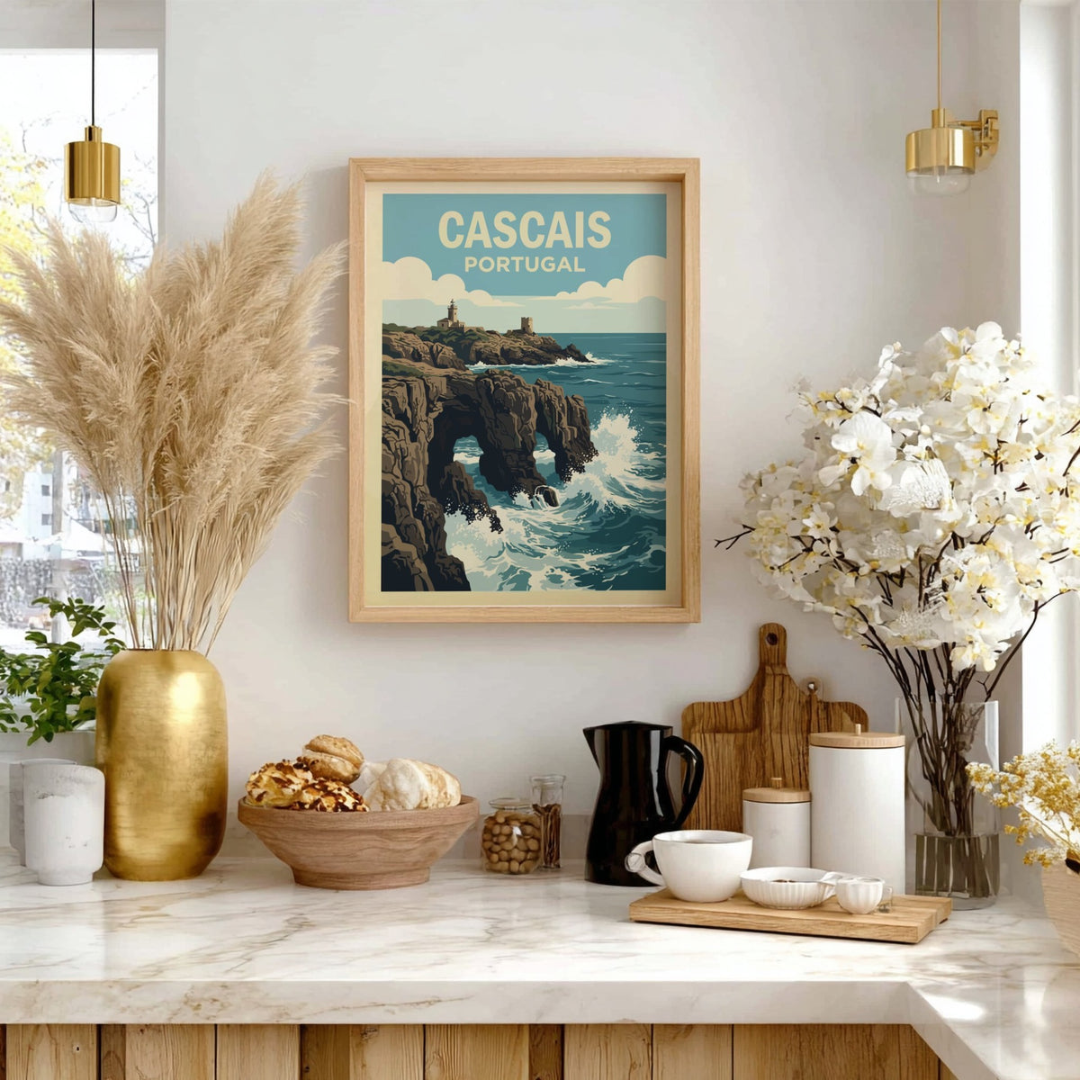 Poster of Cascais Portugal coastline featuring a lighthouse on cliffs above crashing waves.