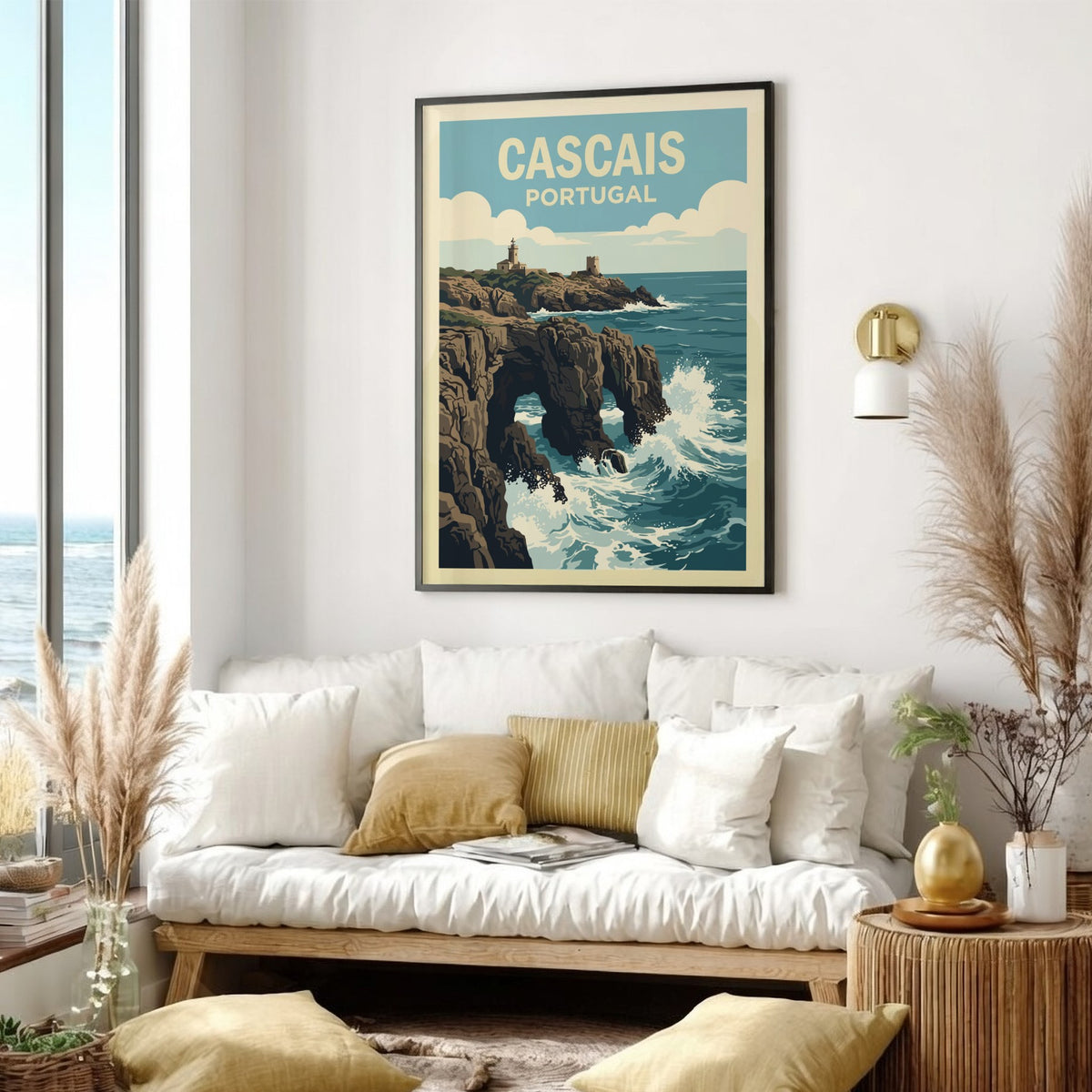 Poster of Cascais Portugal coastline featuring a lighthouse on cliffs above crashing waves.
