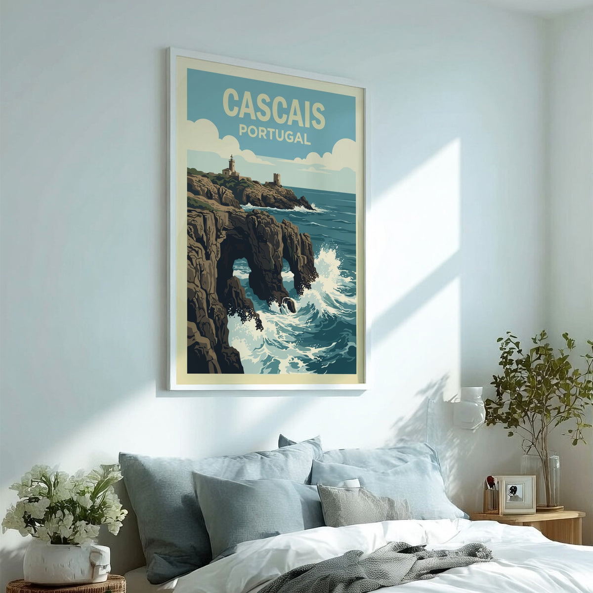 Poster of Cascais Portugal coastline featuring a lighthouse on cliffs above crashing waves.