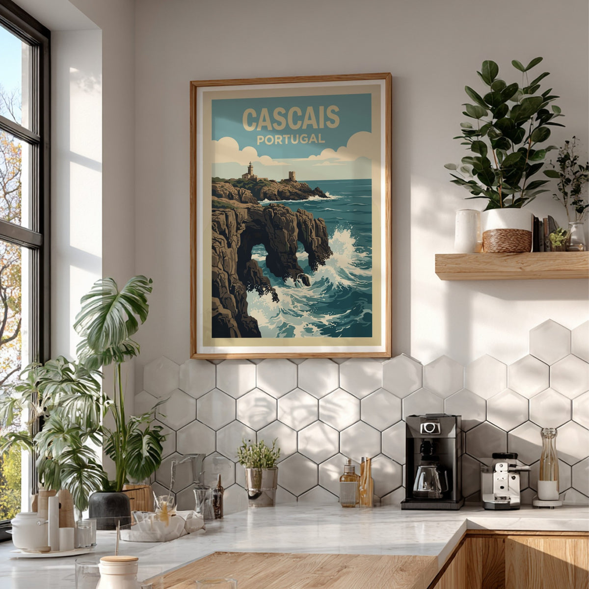 Poster of Cascais Portugal coastline featuring a lighthouse on cliffs above crashing waves.
