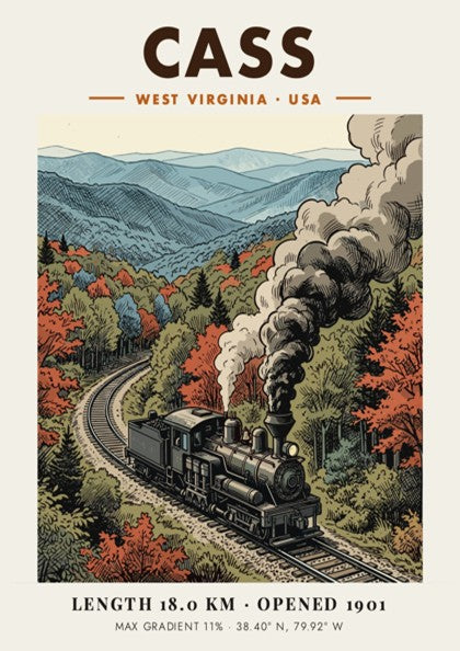 Poster featuring a steam train in Cass West Virginia with autumn mountain foliage.