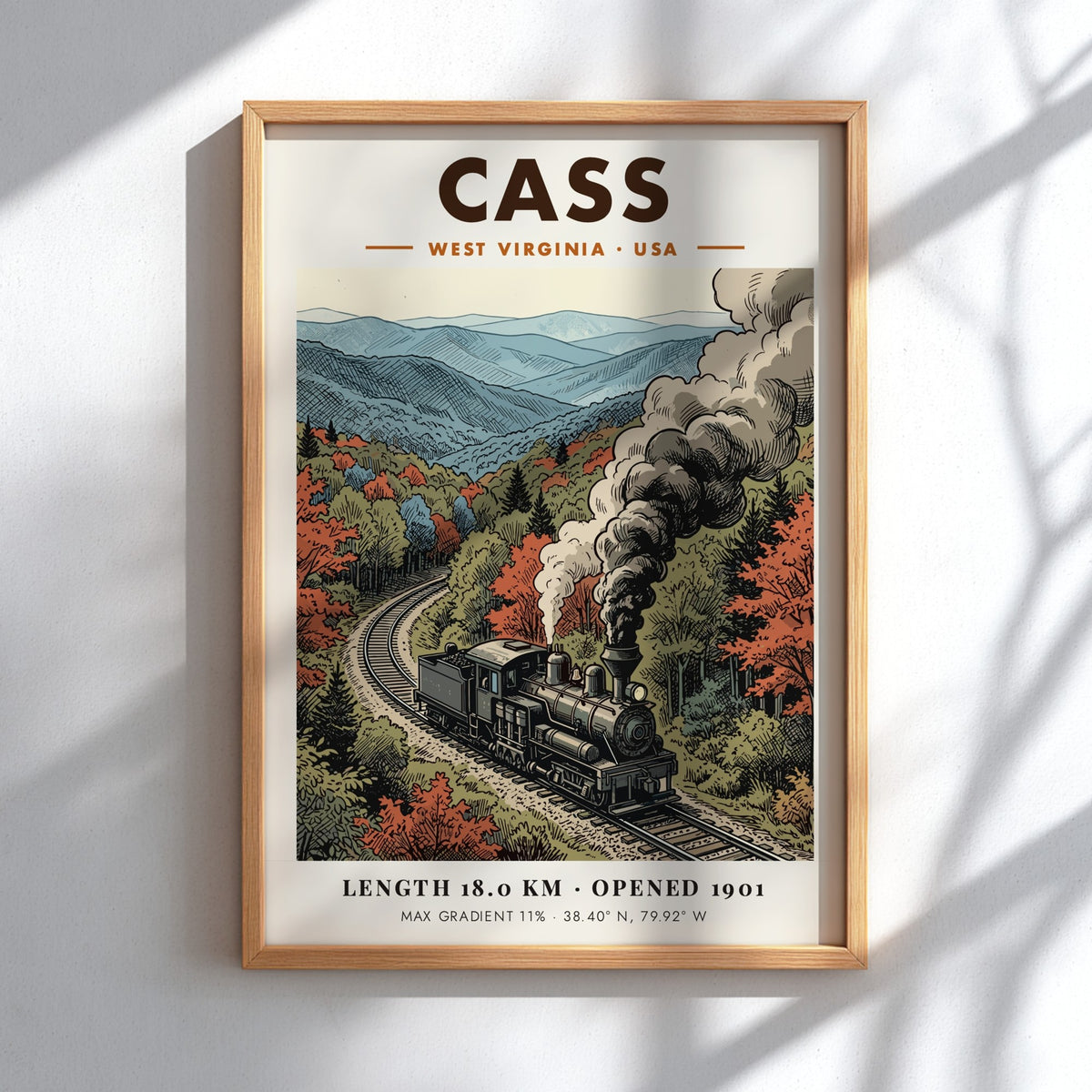 Poster featuring a steam train in Cass West Virginia with autumn mountain foliage.