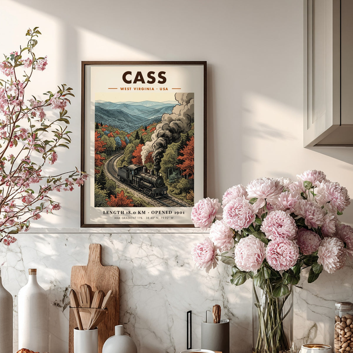 Poster featuring a steam train in Cass West Virginia with autumn mountain foliage.