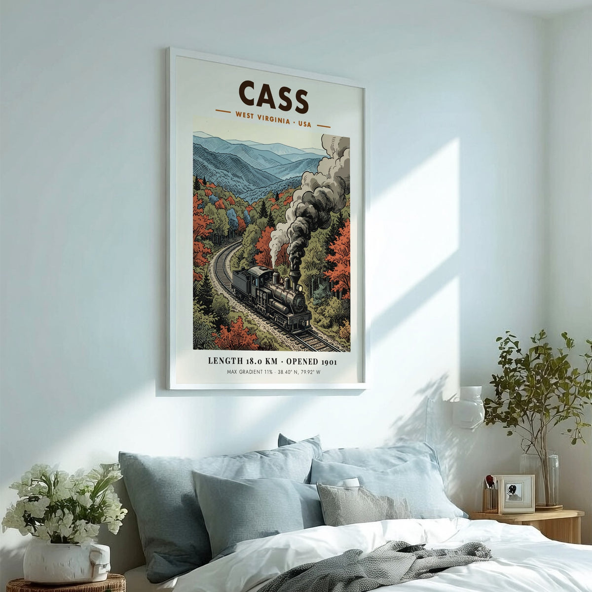 Poster featuring a steam train in Cass West Virginia with autumn mountain foliage.