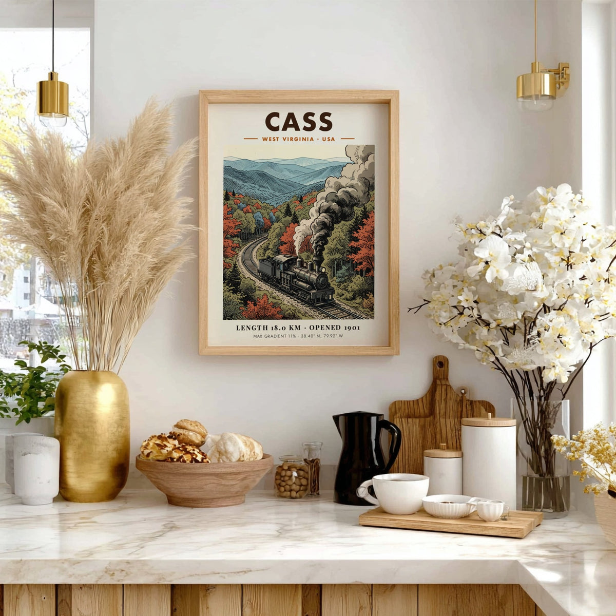 Poster featuring a steam train in Cass West Virginia with autumn mountain foliage.