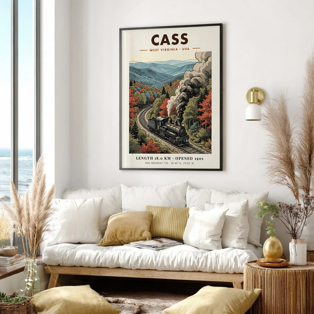 Poster featuring a steam train in Cass West Virginia with autumn mountain foliage.