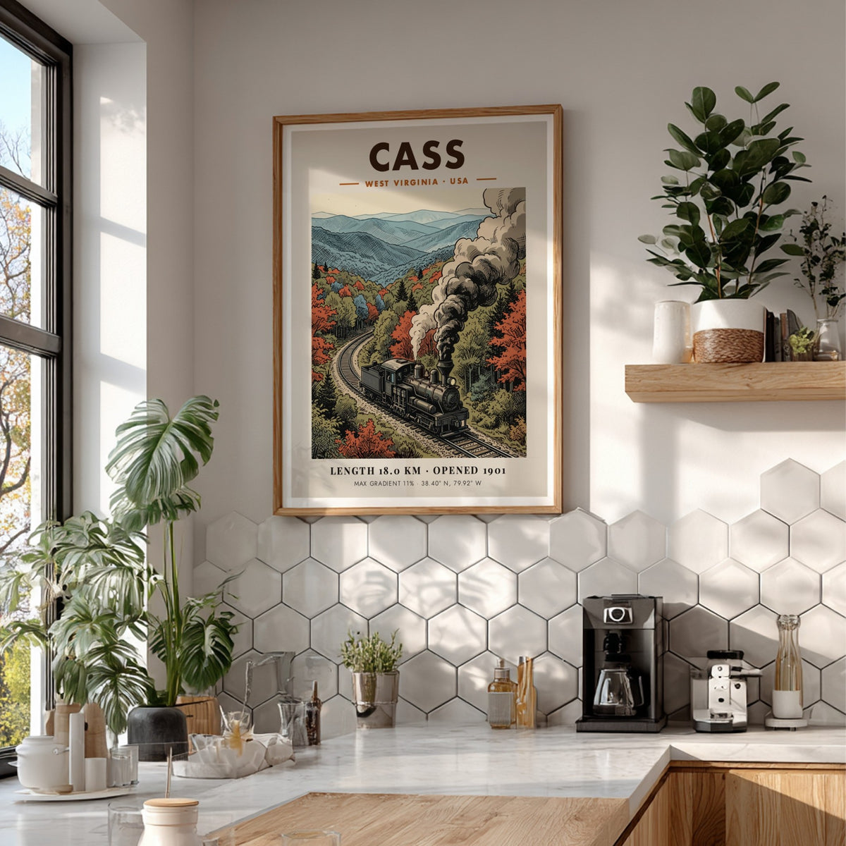 Poster featuring a steam train in Cass West Virginia with autumn mountain foliage.