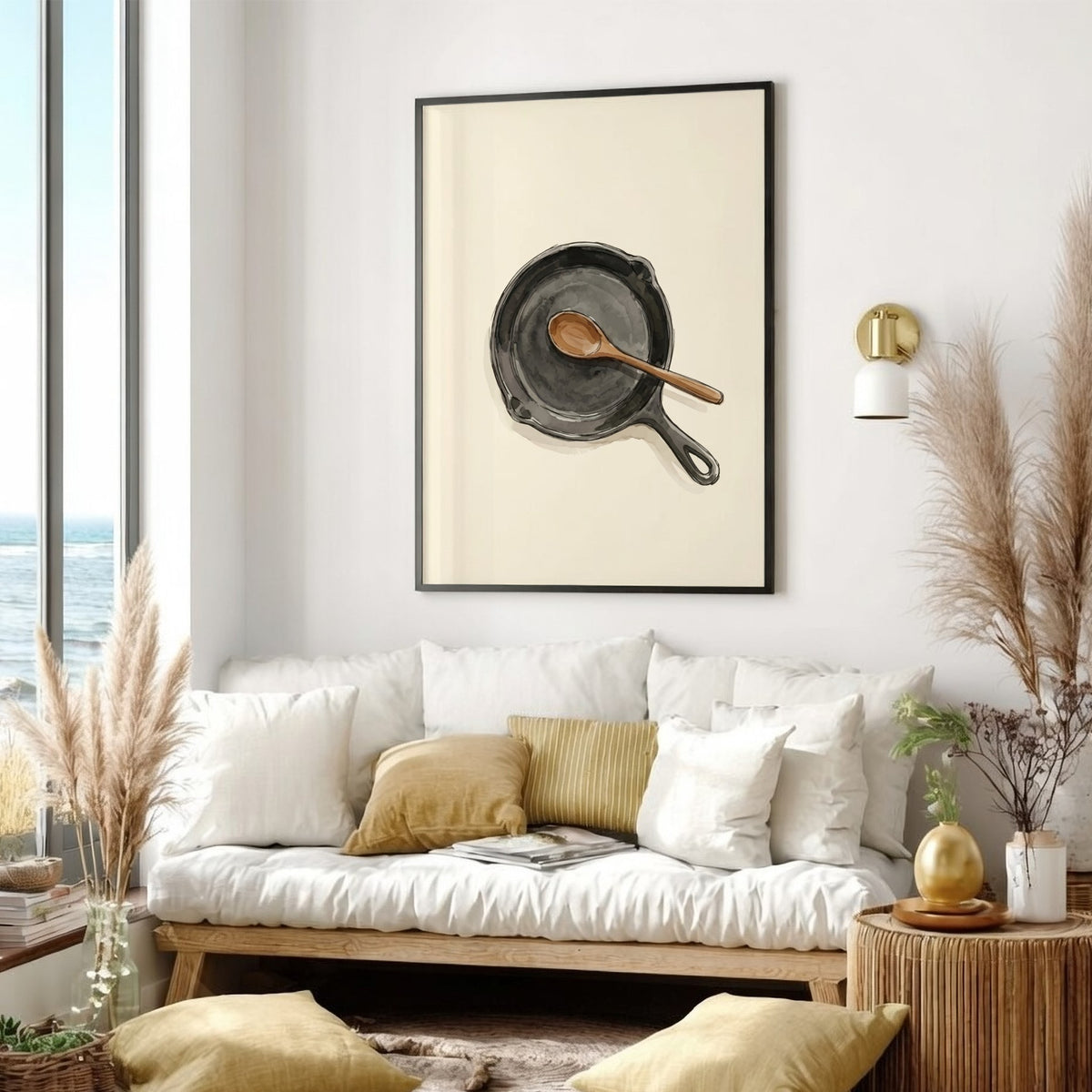 Poster featuring a cast iron skillet and wooden spoon in a soft watercolour style.