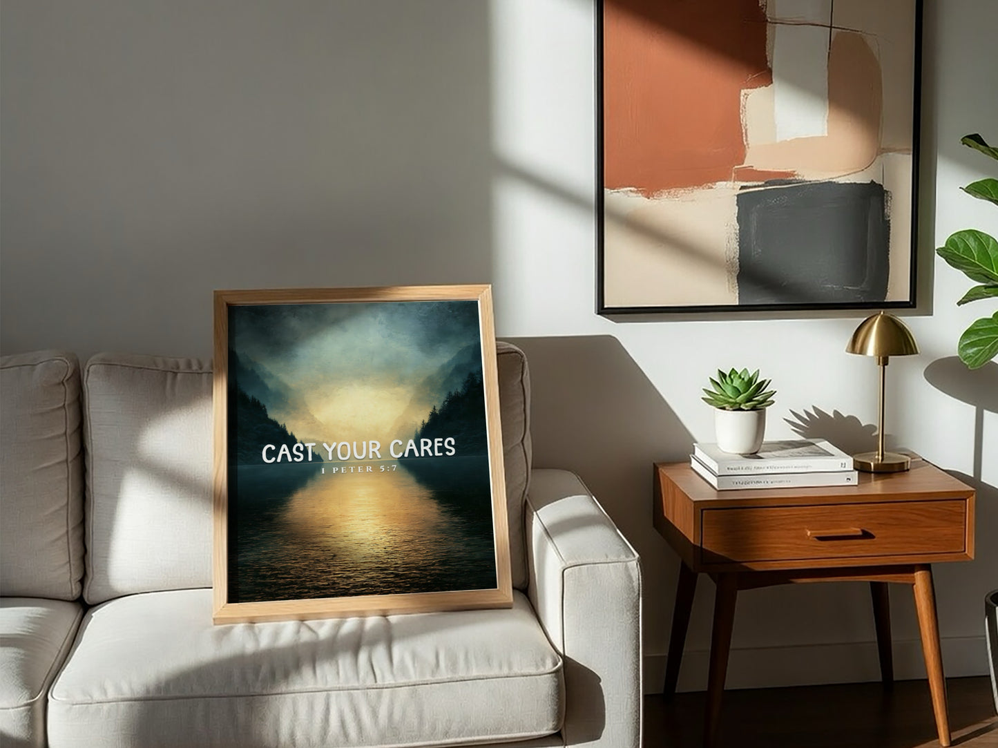 Cast Your Cares Poster featuring serene landscape and 1 Peter 5:7 verse
