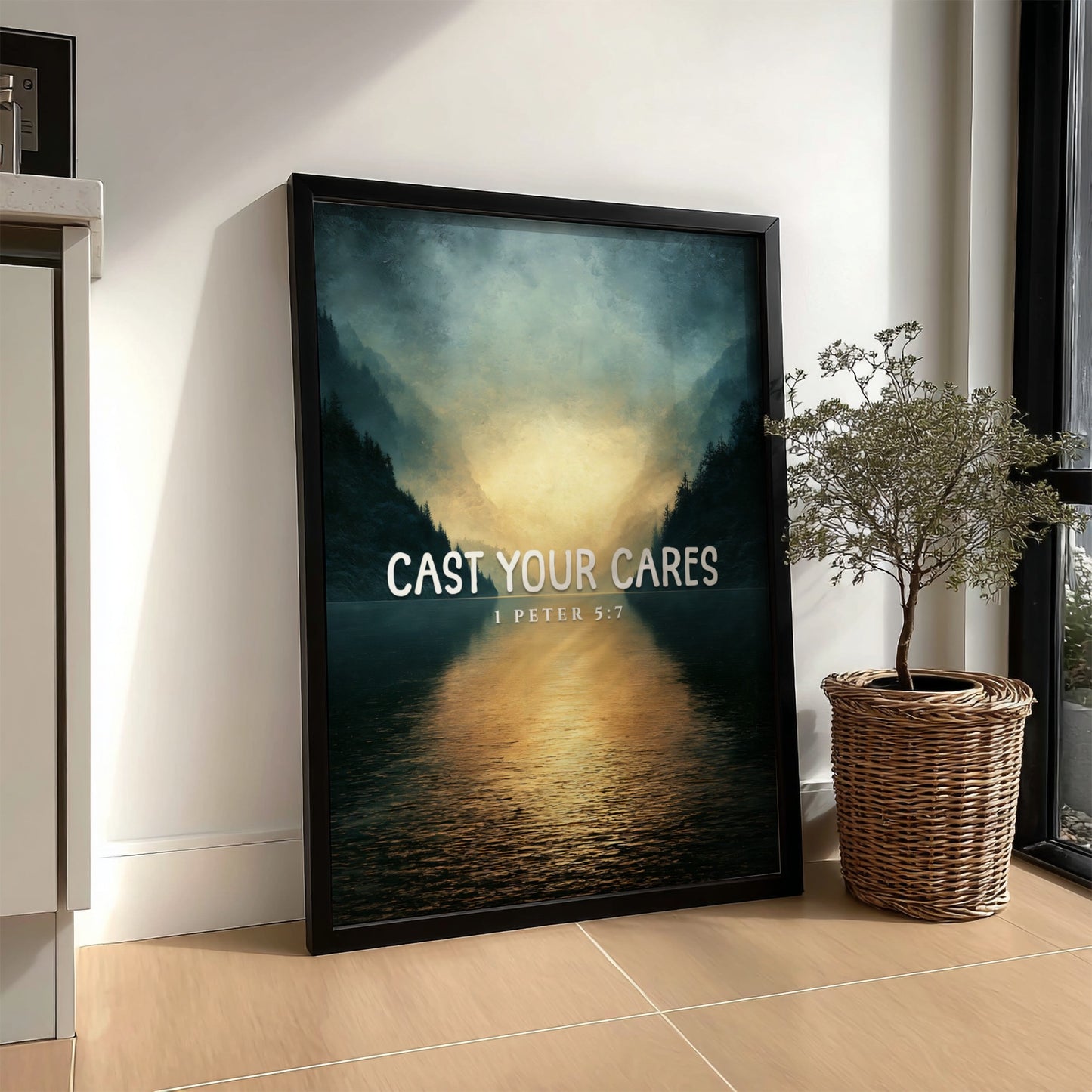 Cast Your Cares Poster featuring serene landscape and 1 Peter 5:7 verse