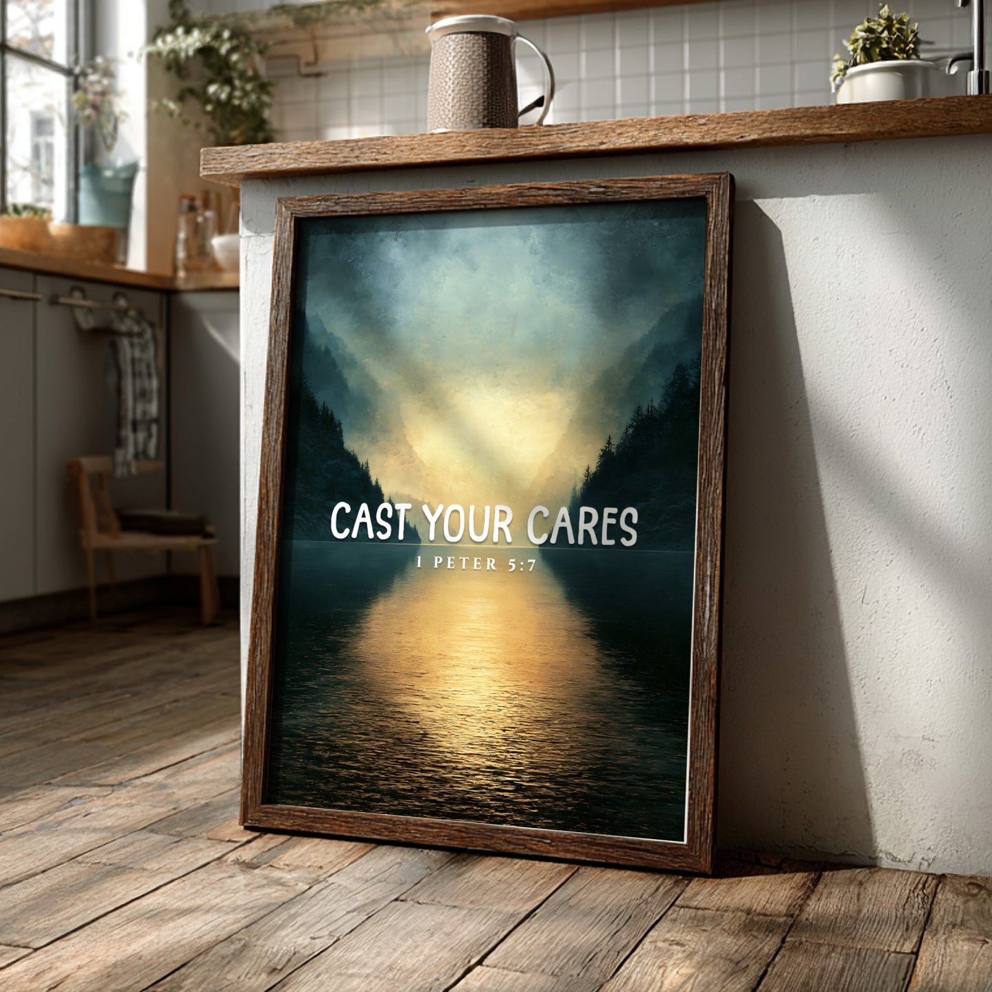Cast Your Cares Poster featuring serene landscape and 1 Peter 5:7 verse