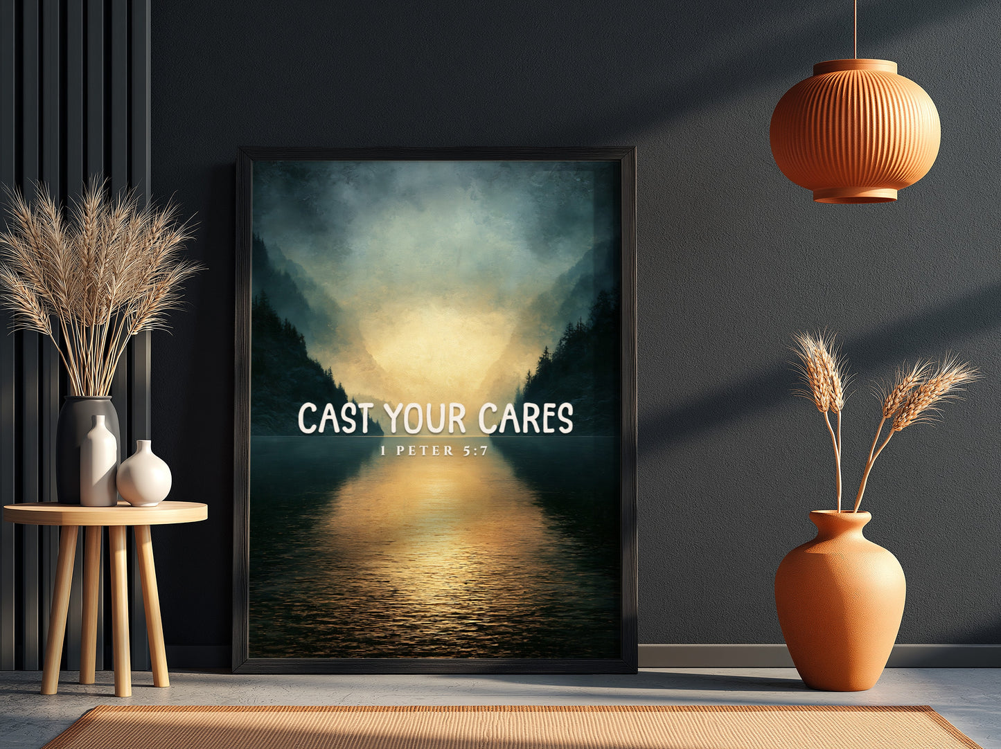 Cast Your Cares Poster featuring serene landscape and 1 Peter 5:7 verse