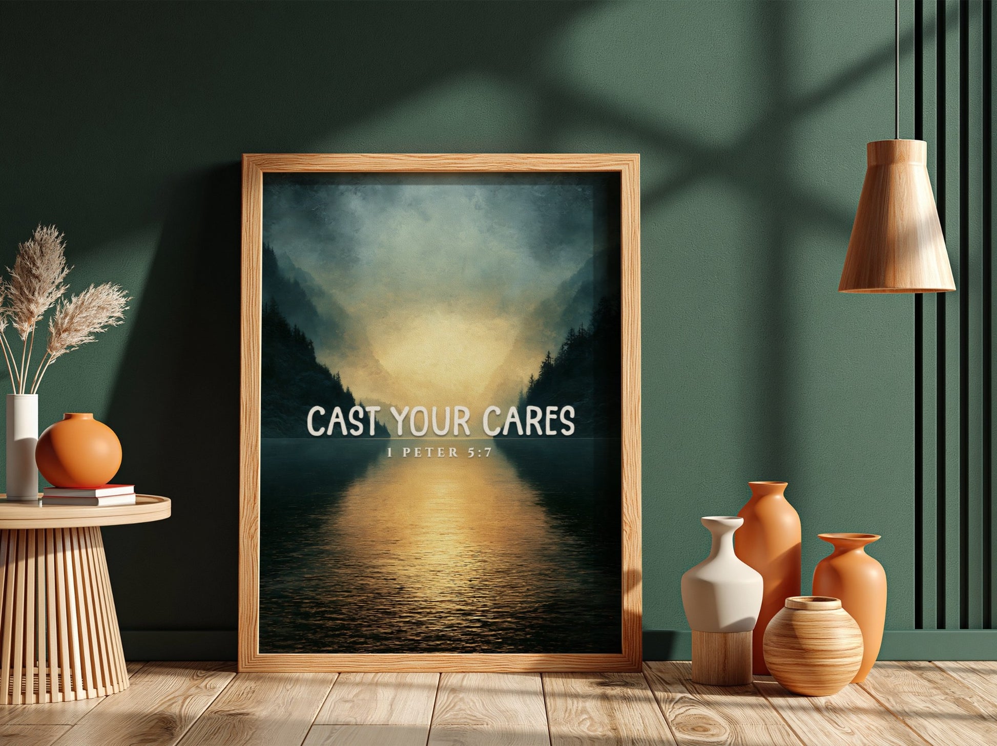 Cast Your Cares Poster featuring serene landscape and 1 Peter 5:7 verse