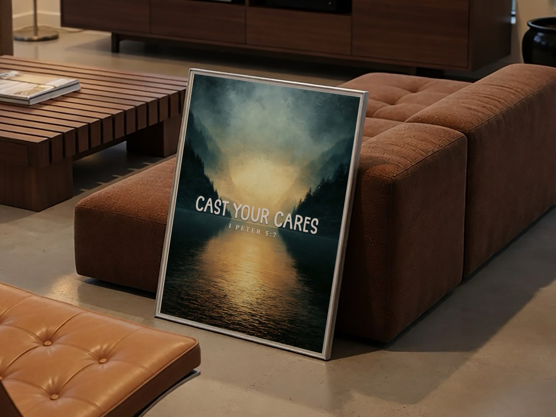 Cast Your Cares Poster featuring serene landscape and 1 Peter 5:7 verse