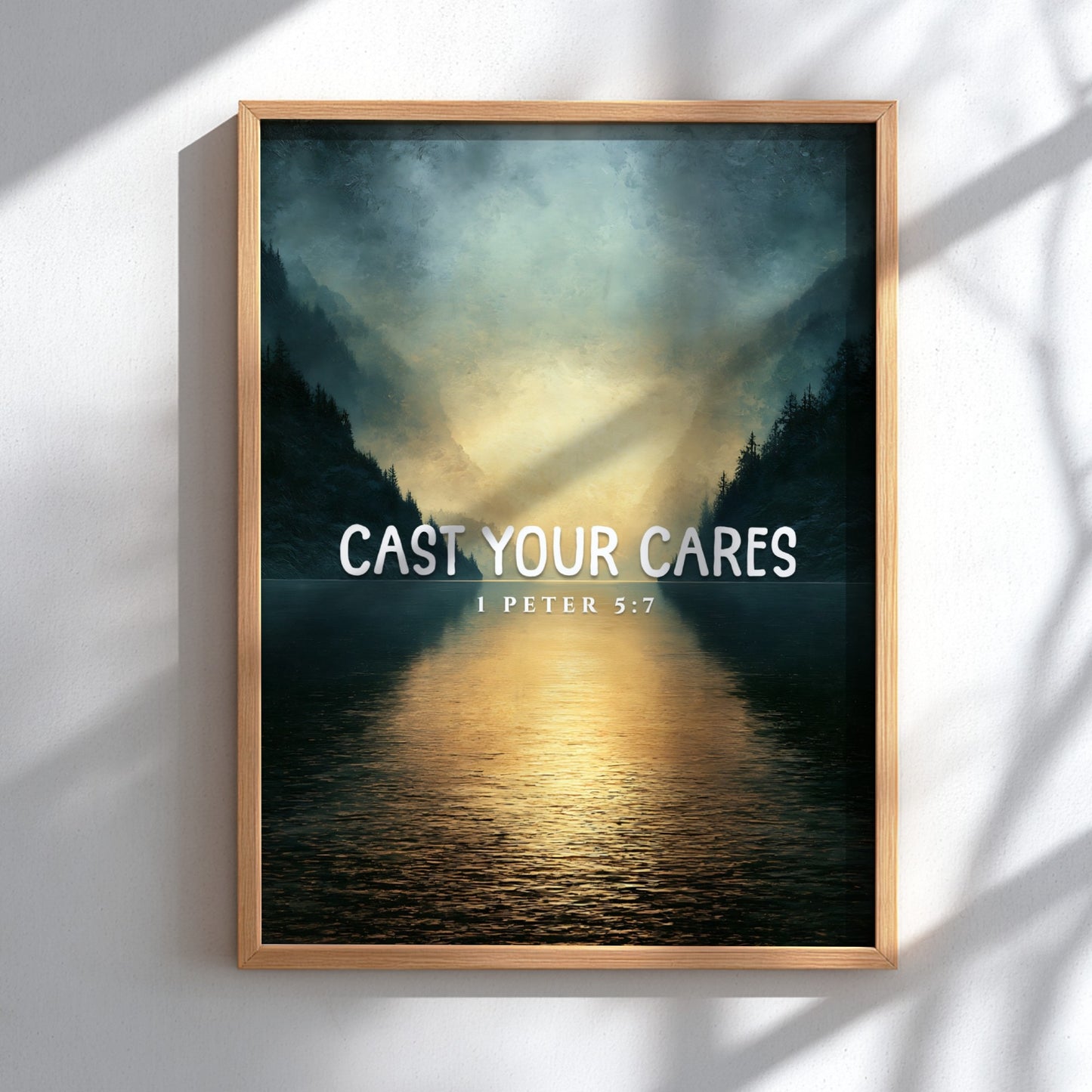 Cast Your Cares Poster featuring serene landscape and 1 Peter 5:7 verse