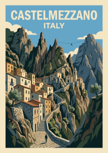 Poster of Castelmezzano Italy featuring stone houses winding up steep jagged mountain cliffs