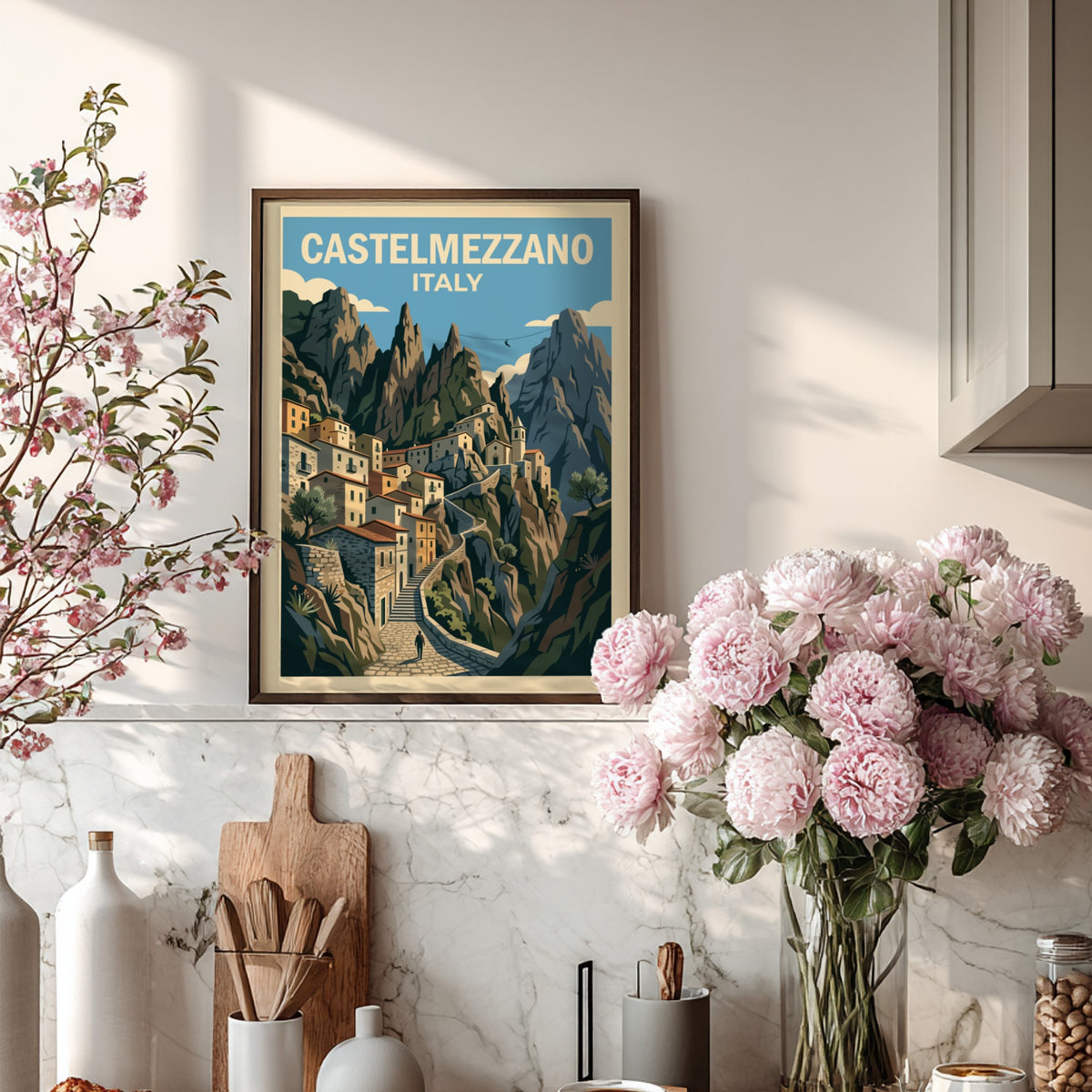 Poster of Castelmezzano Italy featuring stone houses winding up steep jagged mountain cliffs