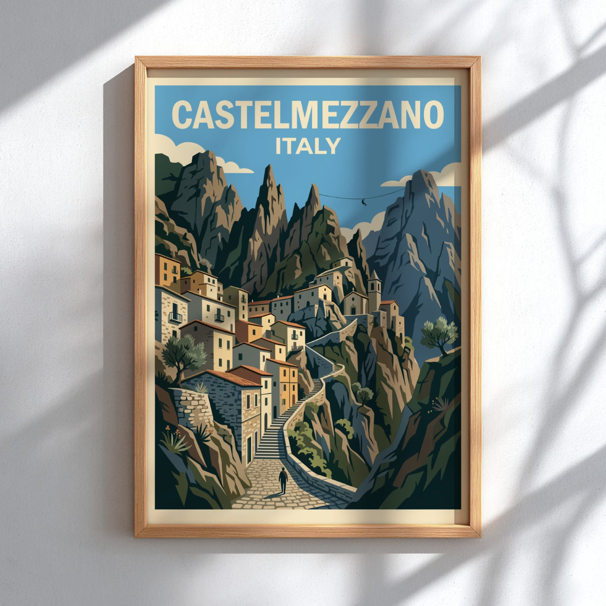 Poster of Castelmezzano Italy featuring stone houses winding up steep jagged mountain cliffs