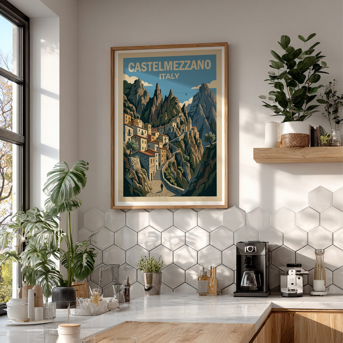 Poster of Castelmezzano Italy featuring stone houses winding up steep jagged mountain cliffs