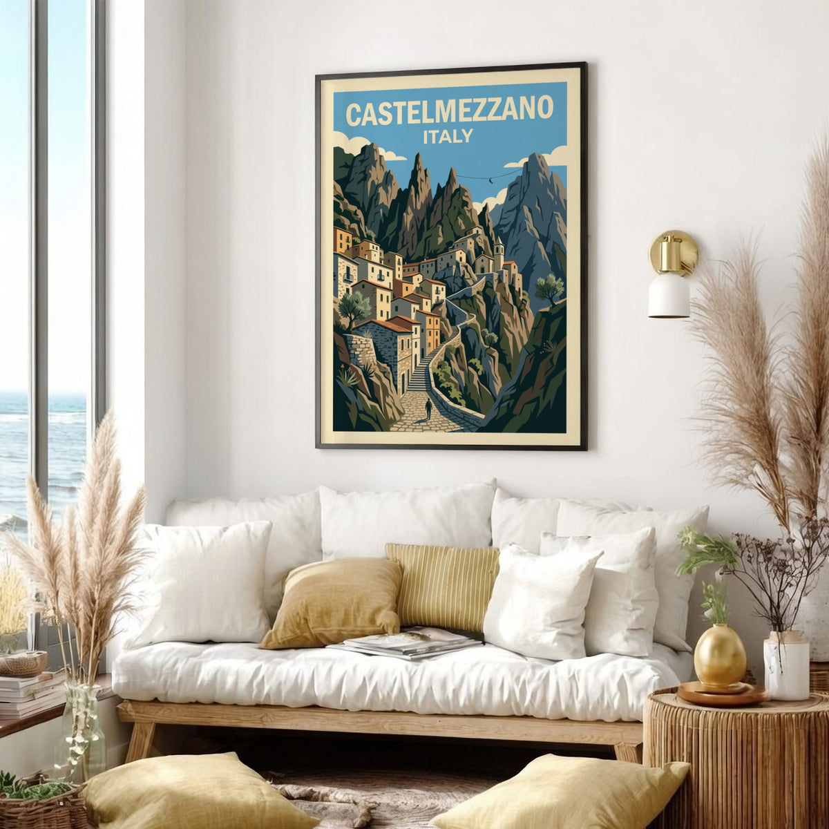 Poster of Castelmezzano Italy featuring stone houses winding up steep jagged mountain cliffs