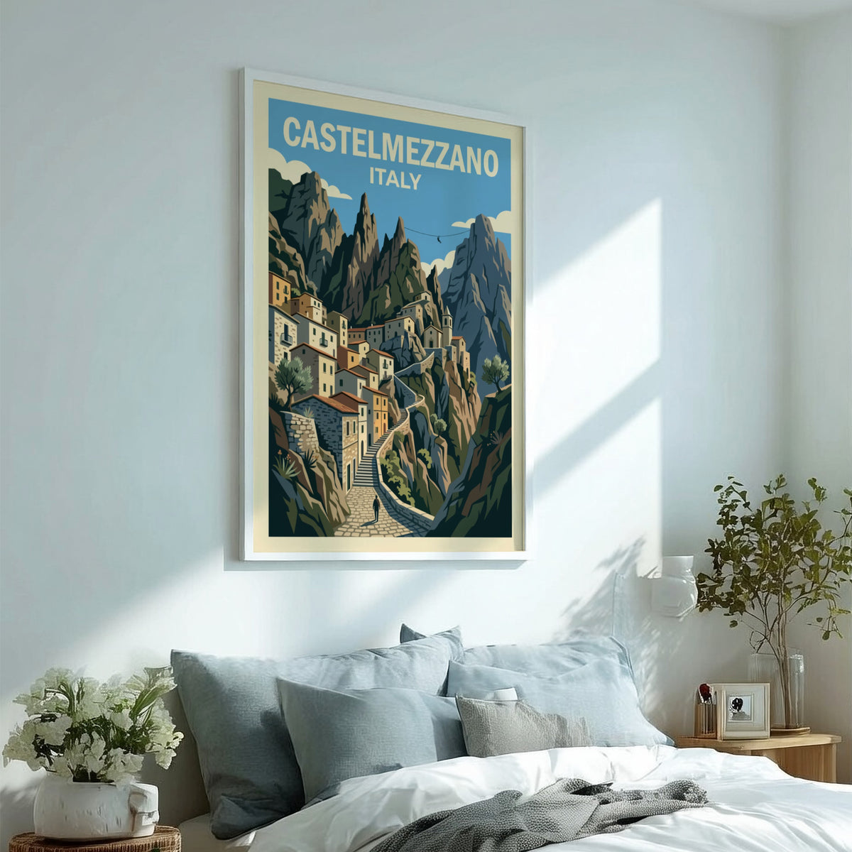 Poster of Castelmezzano Italy featuring stone houses winding up steep jagged mountain cliffs