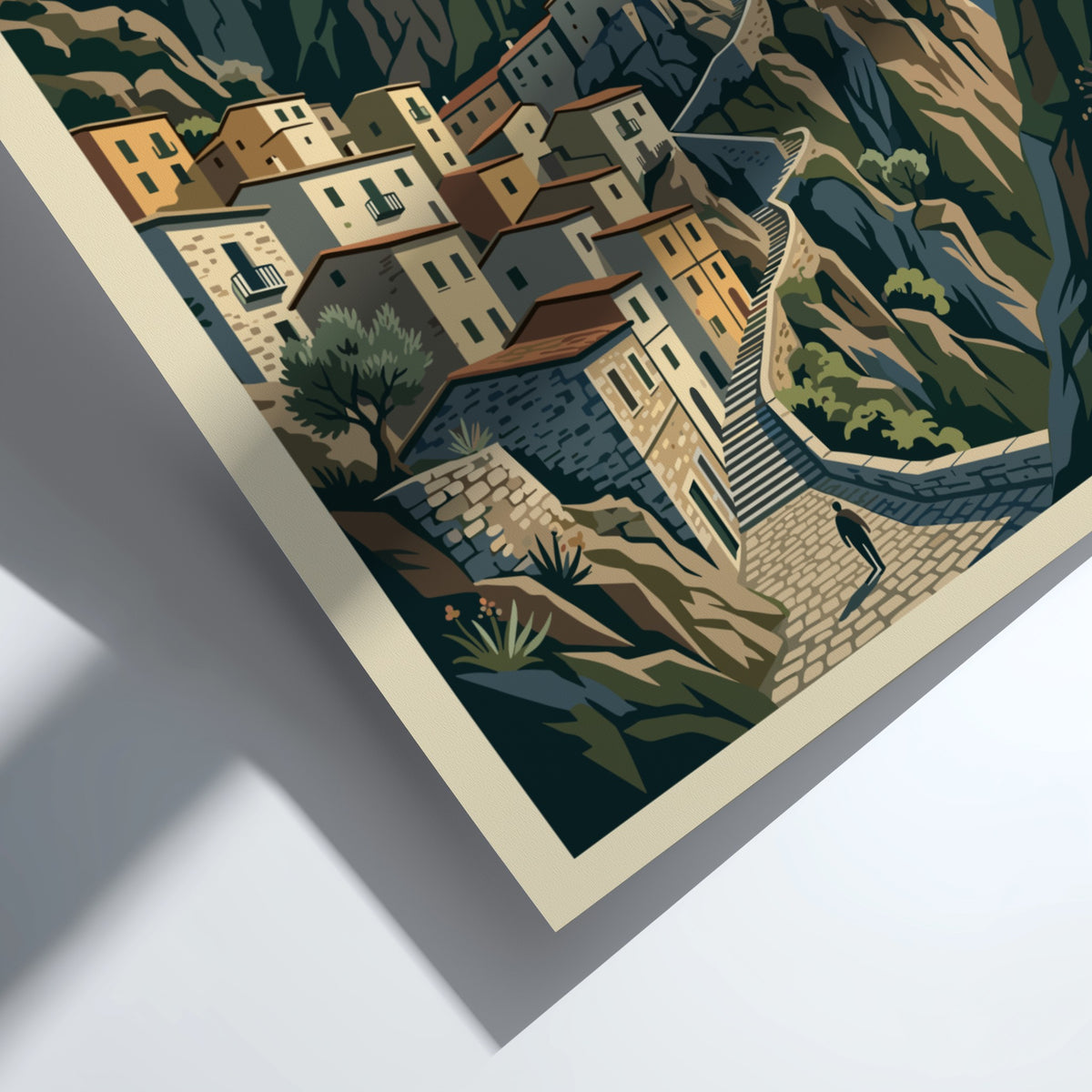 Poster of Castelmezzano Italy featuring stone houses winding up steep jagged mountain cliffs
