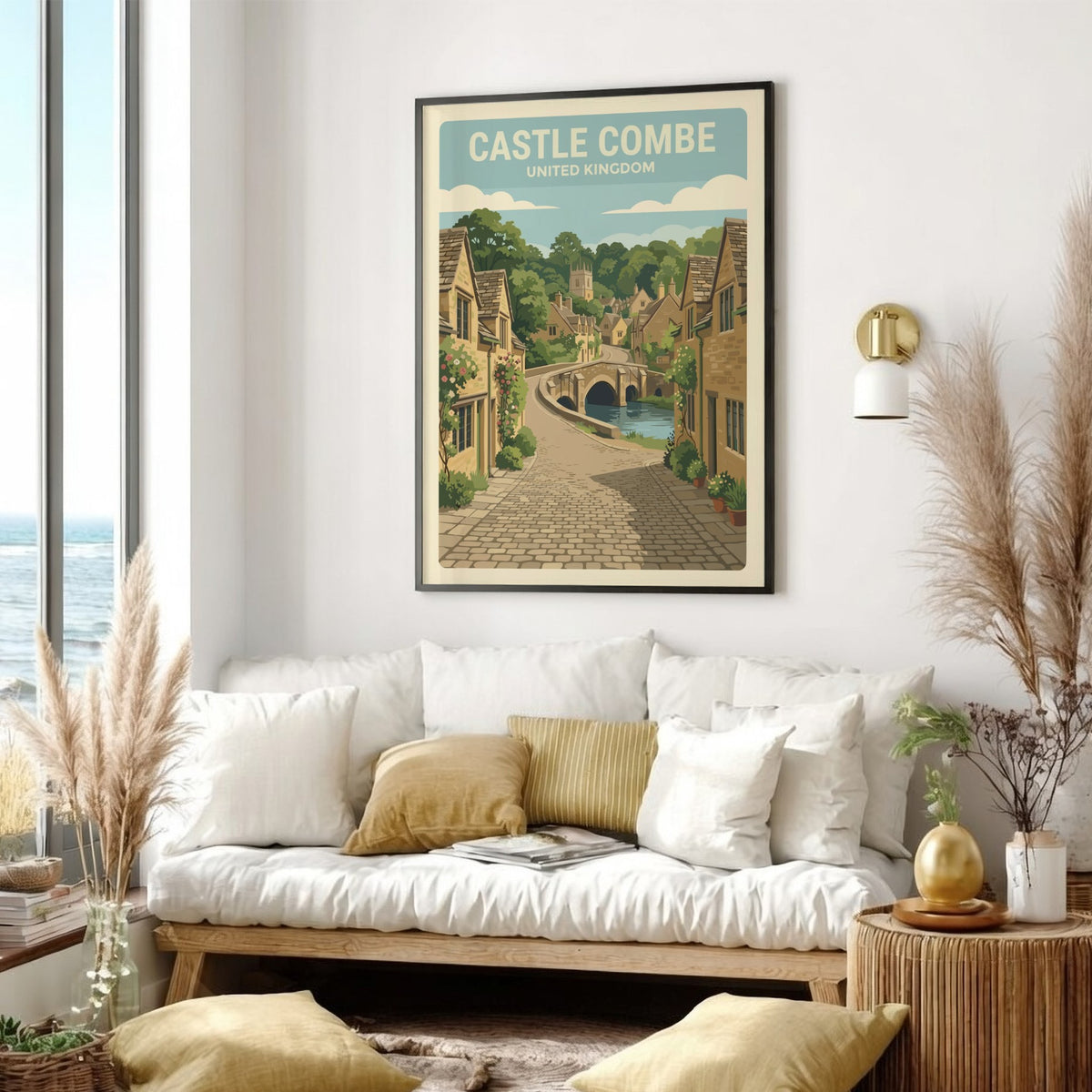 Poster of Castle Combe featuring stone cottages, a stone bridge, and cobblestone streets.