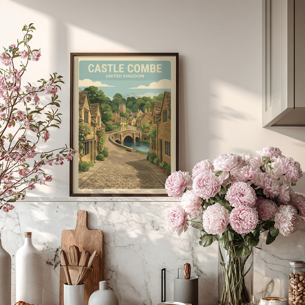 Poster of Castle Combe featuring stone cottages, a stone bridge, and cobblestone streets.