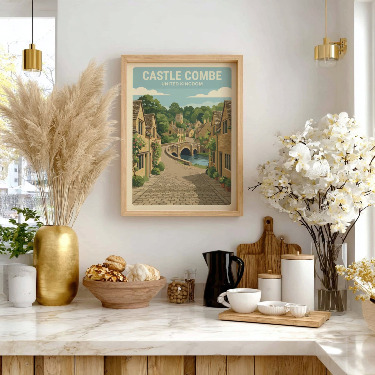 Poster of Castle Combe featuring stone cottages, a stone bridge, and cobblestone streets.