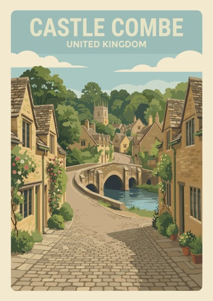 Poster of Castle Combe featuring stone cottages, a stone bridge, and cobblestone streets.