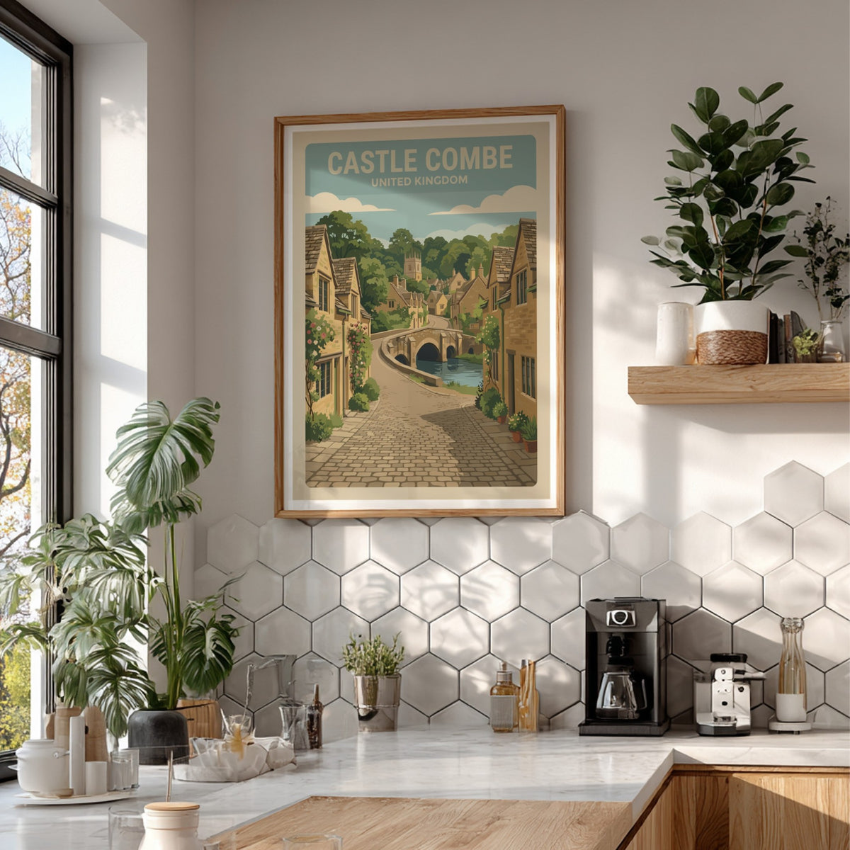 Poster of Castle Combe featuring stone cottages, a stone bridge, and cobblestone streets.