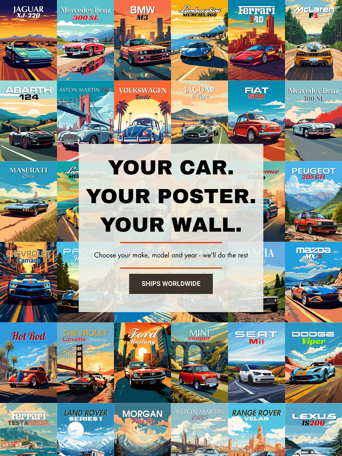 Collage of various car posters with text overlay 'Your Car. Your Poster. Your Wall.'