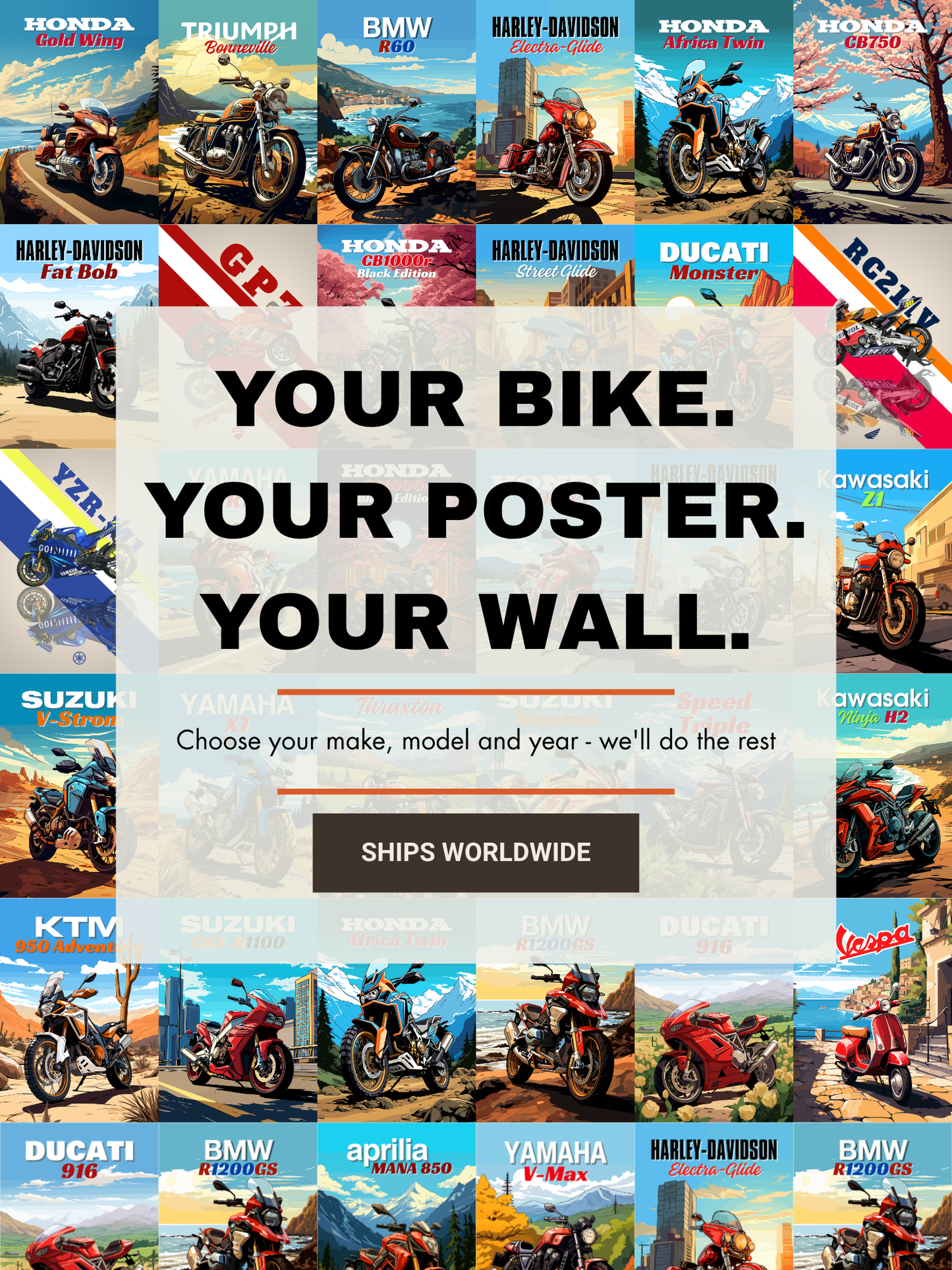 Promotional poster for motorcycle posters with various brand logos and images of motorcycles.