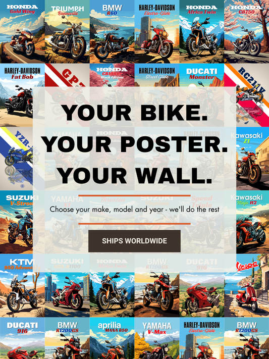 Promotional poster for motorcycle posters with various brand logos and images of motorcycles.