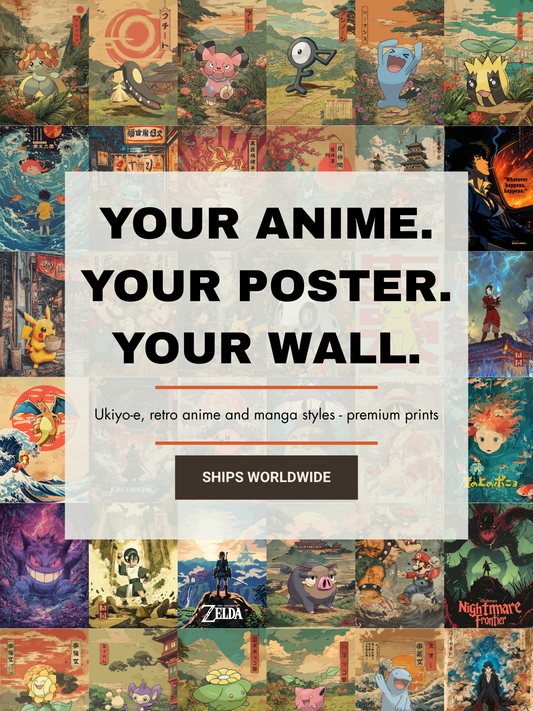 Collage of anime and manga-themed posters with promotional text overlay.