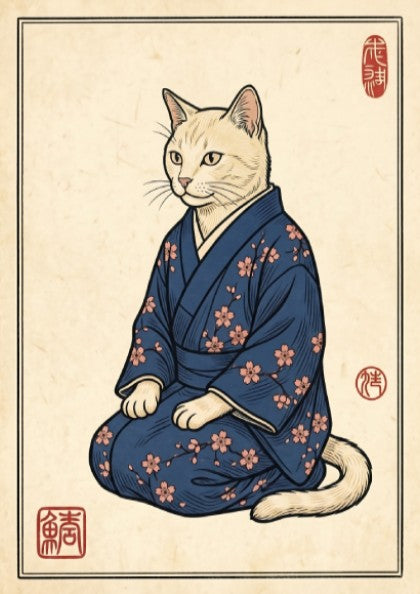 Japanese art style poster featuring a cat in a blue kimono with cherry blossoms